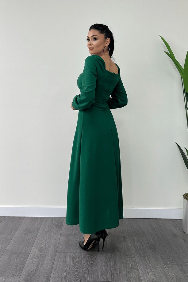 Krep Kumaş Kalp Yaka Midi Elbise - ZÜMRÜT - 6