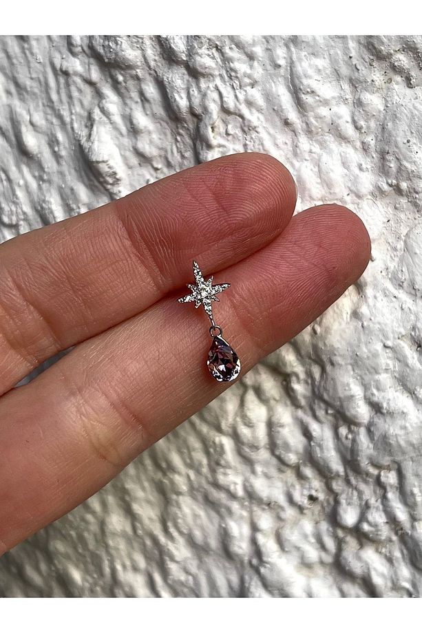 Ametist Taşlı Tekli Gümüş Kutup Yıldızı Küpe -1 Adet - 1