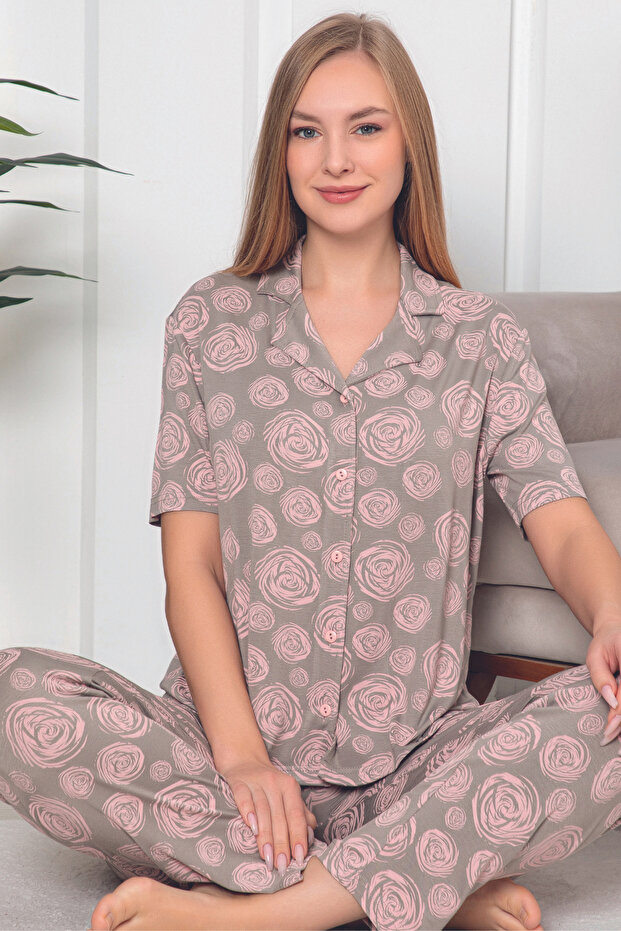 Patterned Front Buttoned Short Sleeve Women's Pajama Set