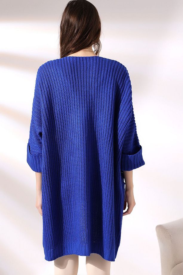Kadın Mavi Oversize Model Uzun Cepli Triko Hırka - 6