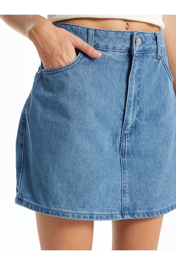 Kadın Standart Fit Düz Jean Şort Etek - 3
