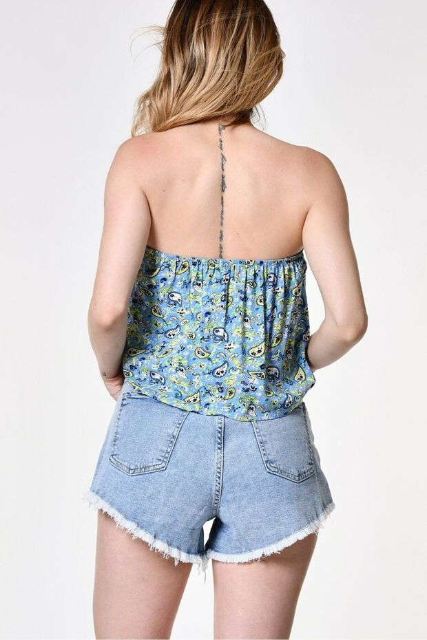 Patterned Strapless Blouse - Blue - 4