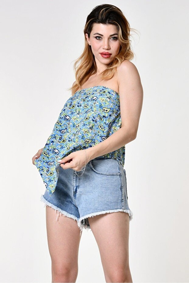 Patterned Strapless Blouse - Blue - 1