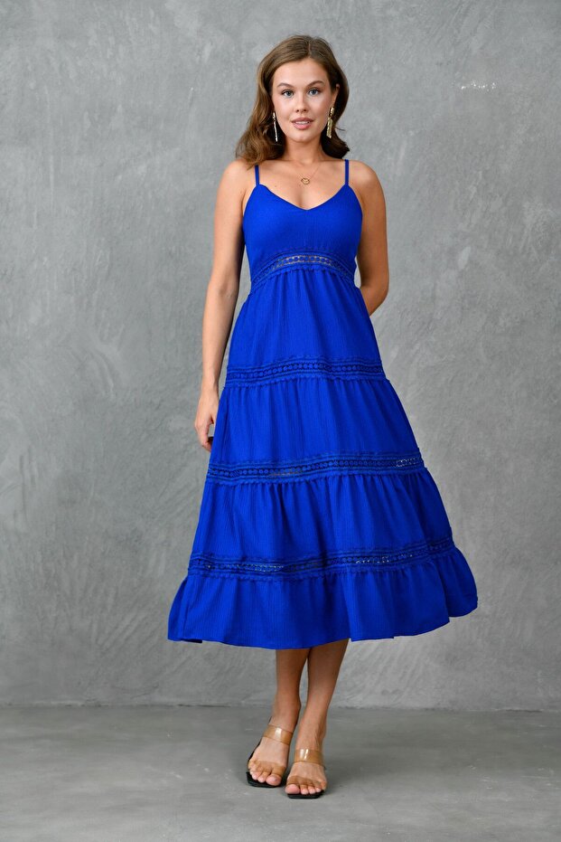 Blue aerobin fabric v-neck guipure and gimp design midi evening dress with adjustable straps - style 10750