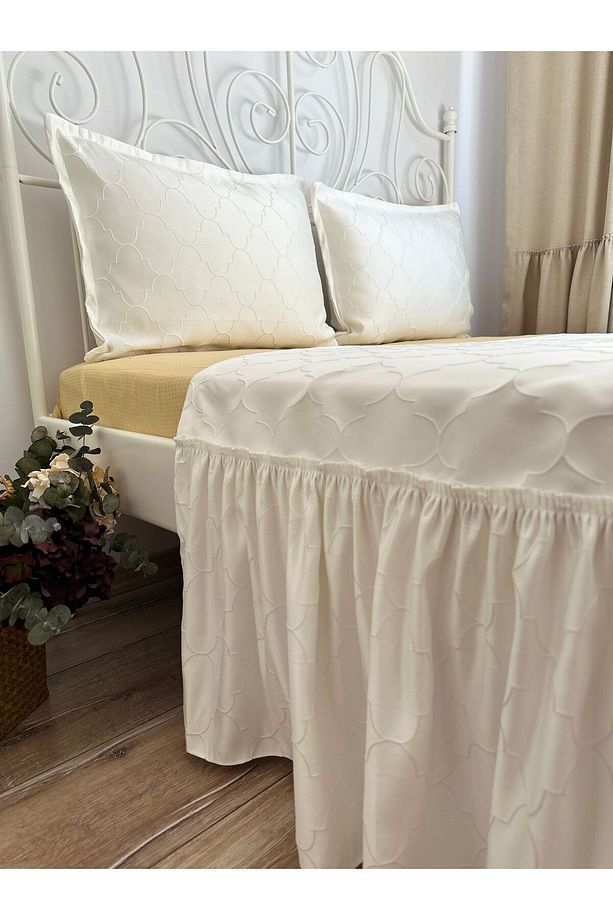 3 Parça Yatak Runner Set Ekru Saten Yatak Örtüsü Çift Kişilik - 4