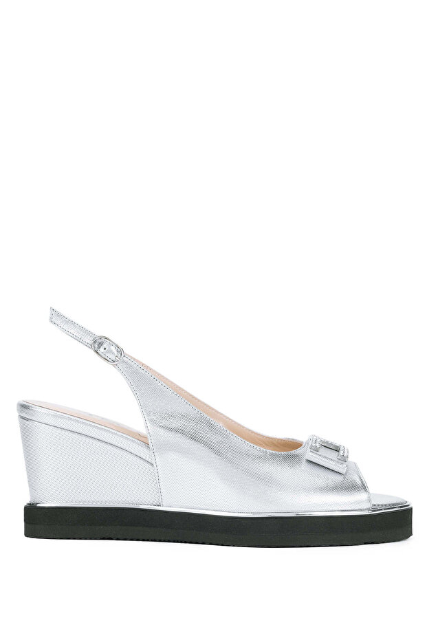 Women's Genuine Leather Silver Metallic Heeled Sandals
