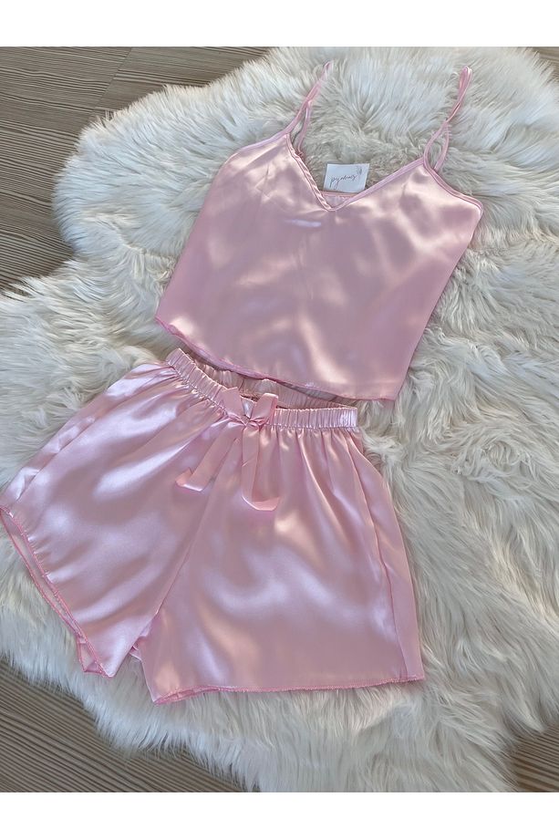 Toz Pembe Saten İp Askılı Dokuma Şortlu Pijama Takımı - 3