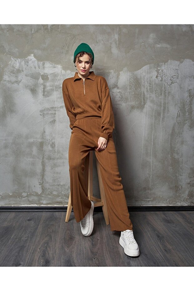 Zippered Collar Knitwear Tracksuit Set