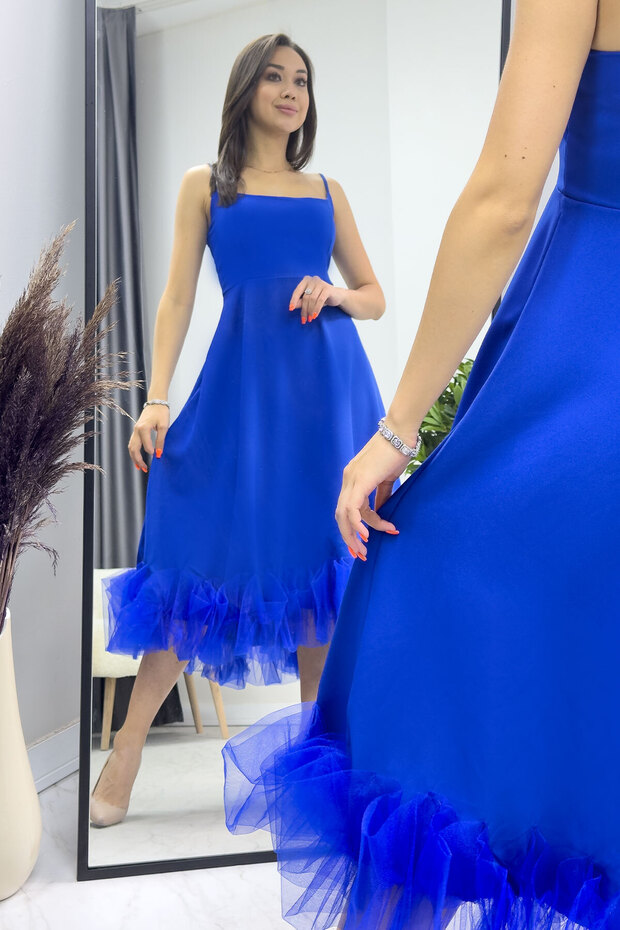 Women's Cobalt Blue Flared Hem Tulle Detail Midi Evening Dress Black, White