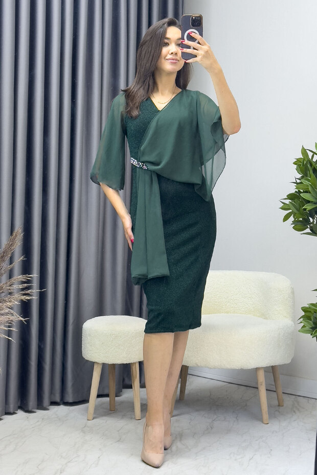 Women's Stone Detailed Flounce Sleeve Silvery Evening Dress Cobalt Blue, Grey, Green, Burgundy, Black