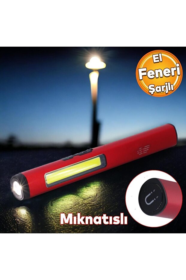 El Feneri Şarjlı Işıldak Kamp Lambası Gece Aydınlatma Beyaz Işık COB Ledli Mıknatıslı Sağlam - 2