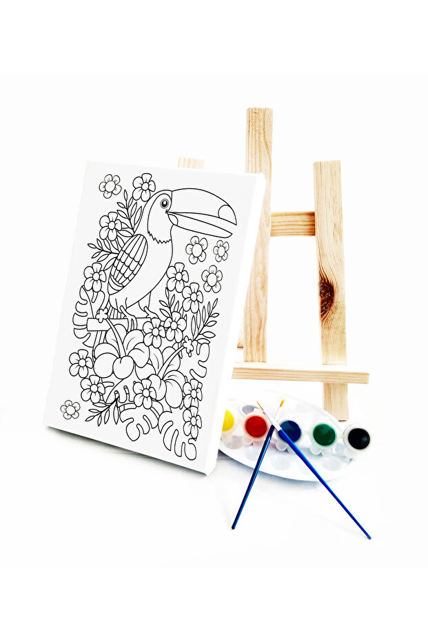 Parrot Kids Painter Set - 20 X 30 cm Pre-Painted Canvas, 2 Brushes, Palette, Paints and Easel
