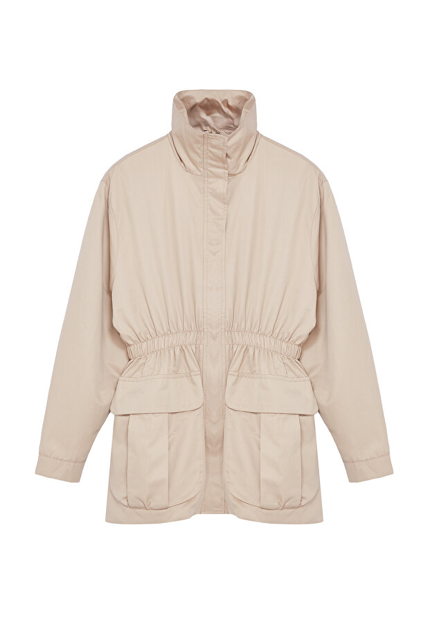 Beżowy, zapinany na suwak, oversize'owy płaszcz przeciwwiatrowy - elastyczny pas Twoaw25Mo00075 - 6