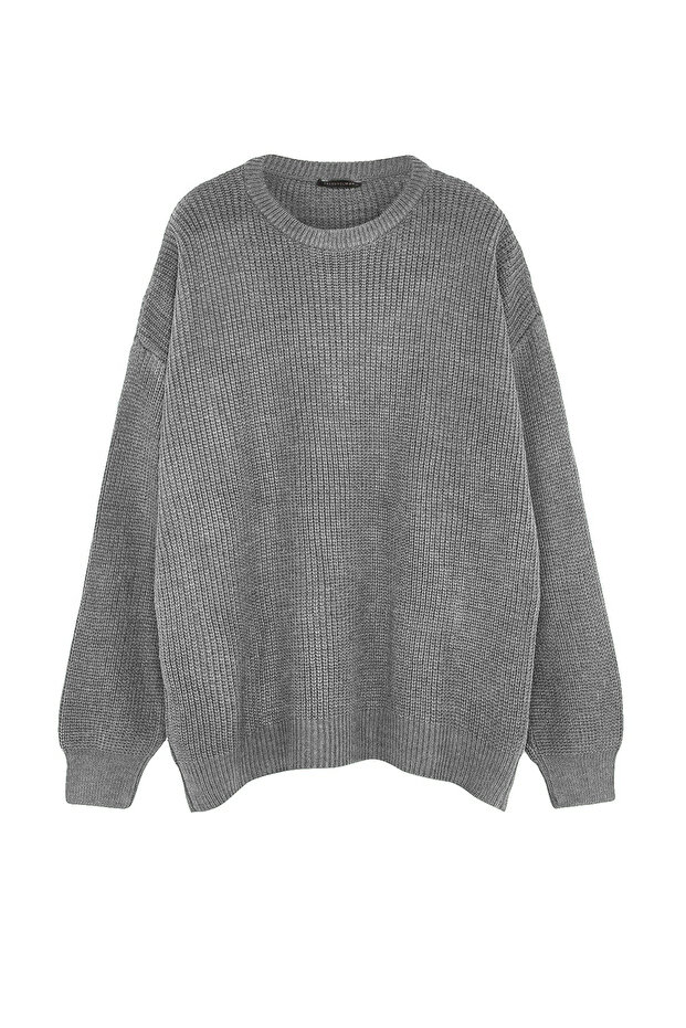 Gri Büyük Beden Oversize Fit Geniş Kalıp Bisiklet Yaka Basic Triko Kazak TMNAW24AN00001 - 8