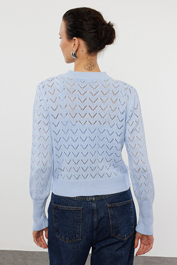 Mavi Ajurlu/Delikli Crop/Kısa Triko 2'li Bluz-Hırka Takım TWOSS23HI00000 - 3