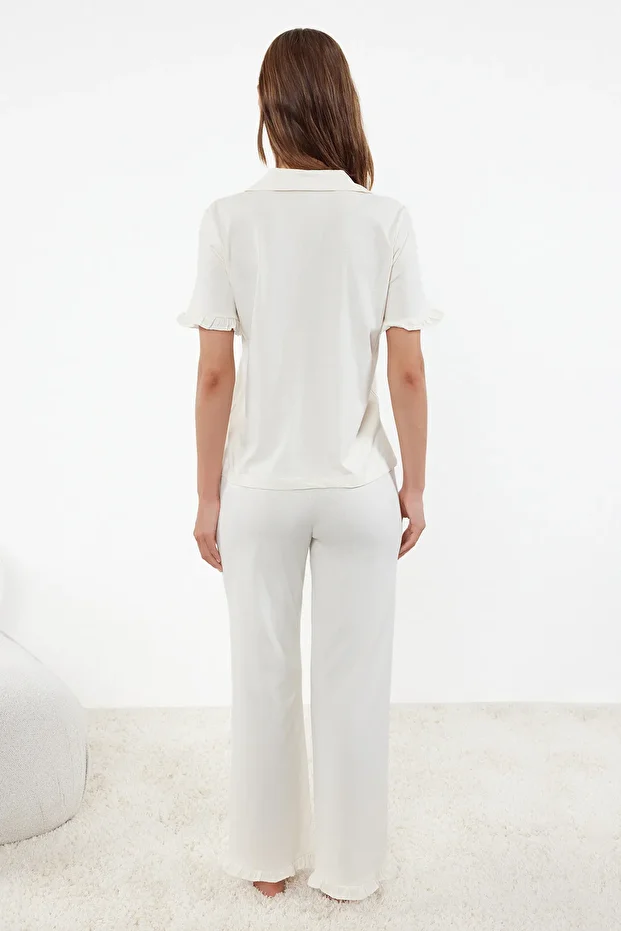 White Ruffle Detailed Knitted Pajama Set Thmss24Pt00223 - 5