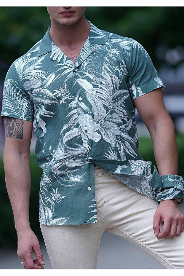 White Palm Tree Print on Khaki Green Hawaiian Relaxed Fit Short Sleeve Summer Shirt