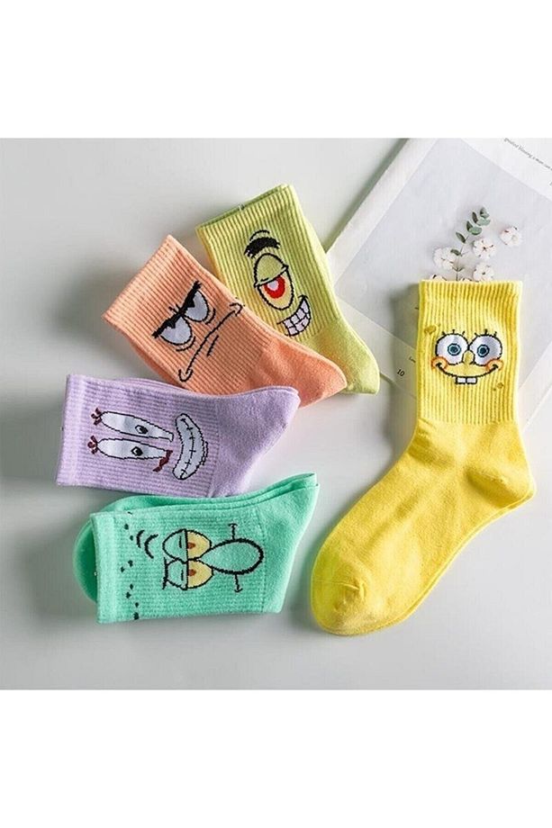Unisex Renkli Eğlenceli Karakter Desenli Kolej Çorap Seti 5 Çift - 1