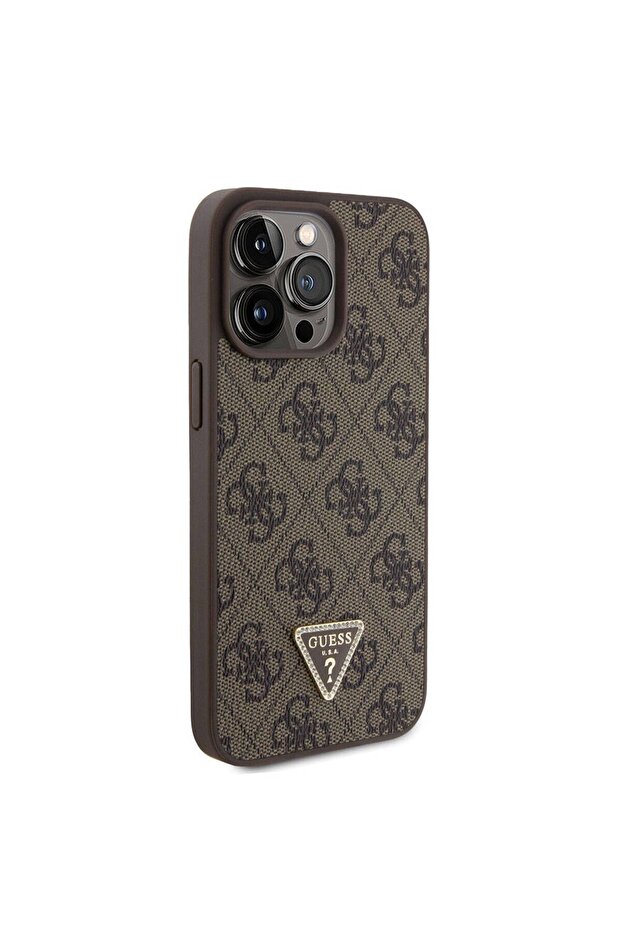 iPhone 15 Pro Max Compatible Case Guess License Pu Leather Rhinestone Triangle Logo 4g Pattern Strass Brown