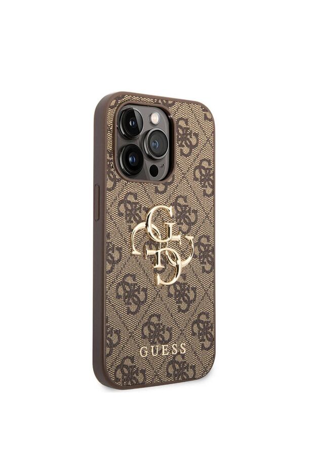 iPhone 15 Pro Max Compatible Case Guess Licensed Pu Leather Text and 4g Metal Logo Pattern Brown