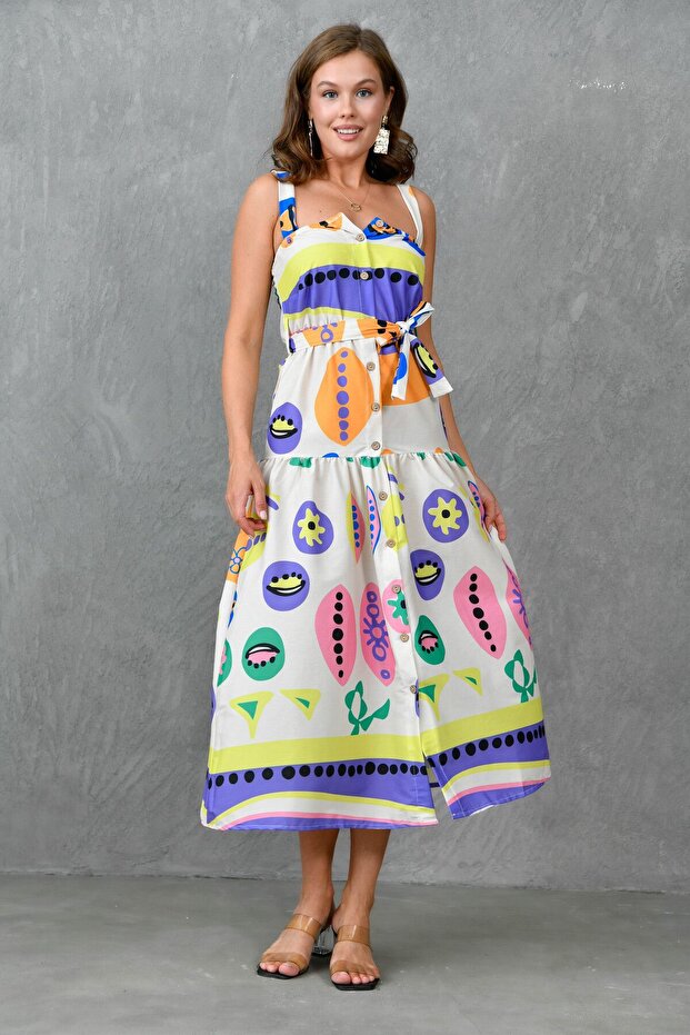 Digital Print Patterned Fabric Button and Belt Detailed Strappy Maxi Dress 10761