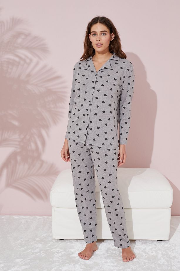 gri kalp desenli Pamuklu Düğmeli Pijama Takımı - 2
