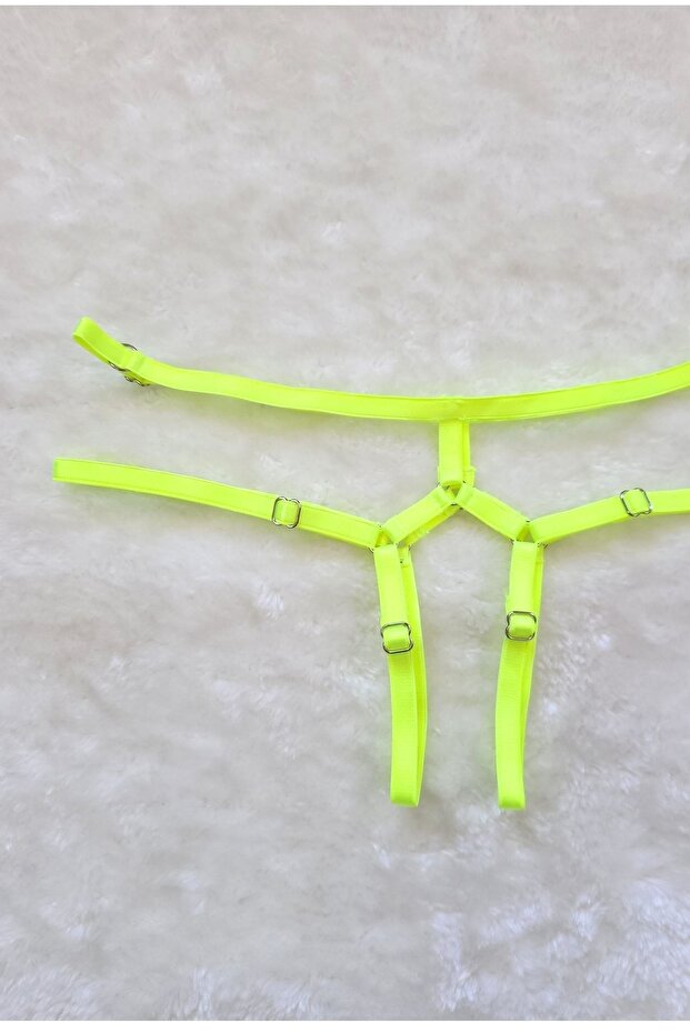 Ayarlanabilir Metal Aksesuarlı Esnek Lastik Sarı Fantezi String Harness String Tanga - 3