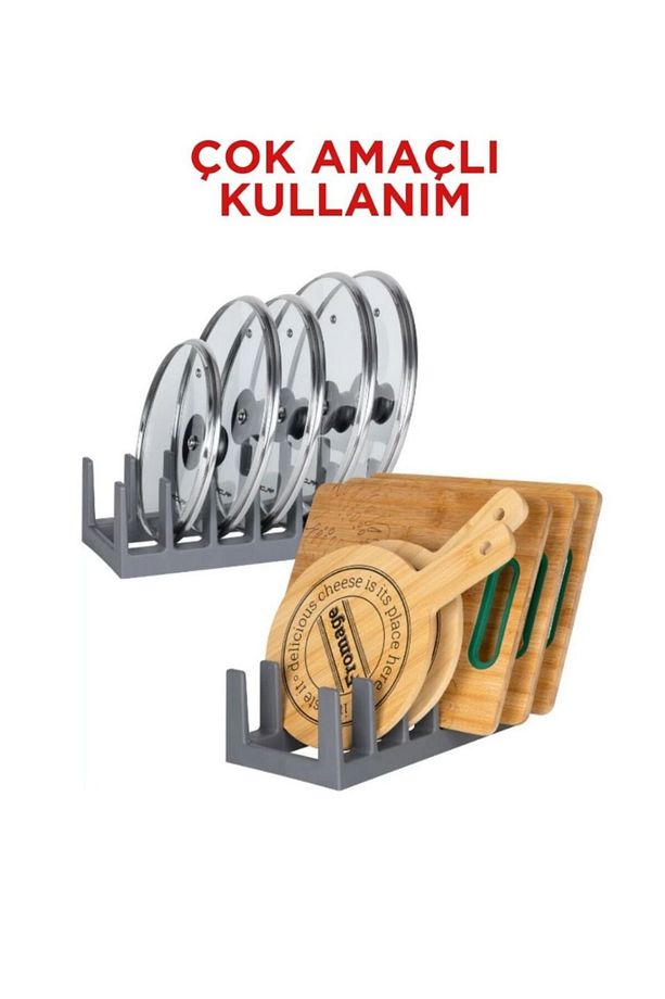 2 Adet  - Tencere Kapağı Organizeri - 6 Bölmeli Tencere Kapak Rafı Antrasit- ECOLUX - 2