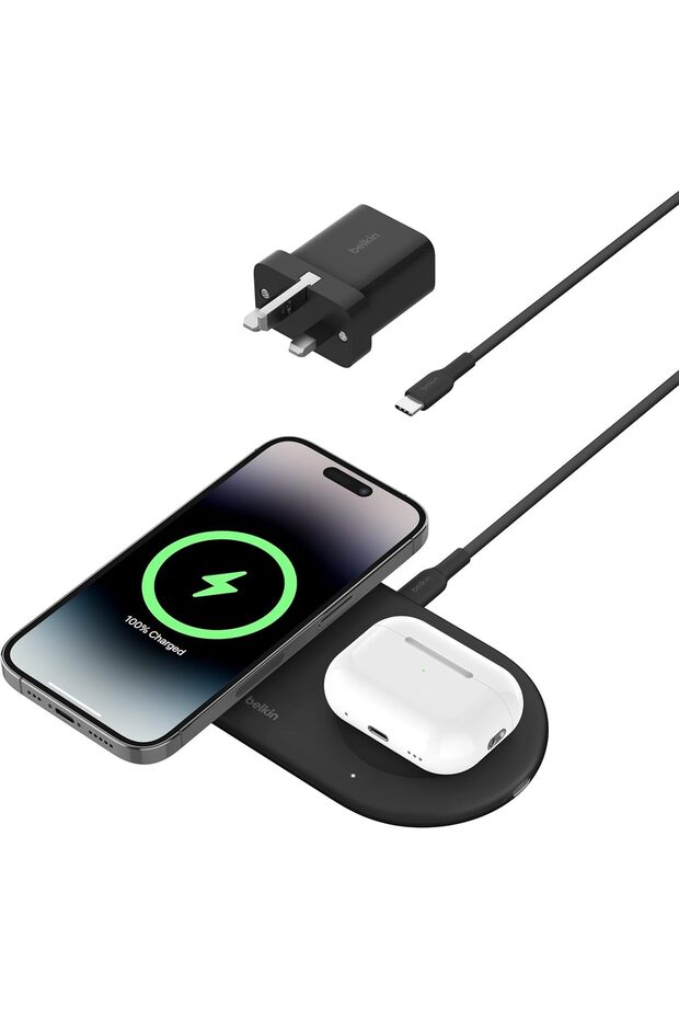 BoostCharge Pro 2-in-1 15W Magnetic Qi2 Wireless Charging Pad for iPhone 15, AirPods, MagSafe -Black
