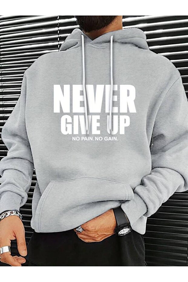 Unisex Never Give up Printed Oversized Winter 3 Thread 100% Cotton K Hooded Sweatshirt Hoodie
