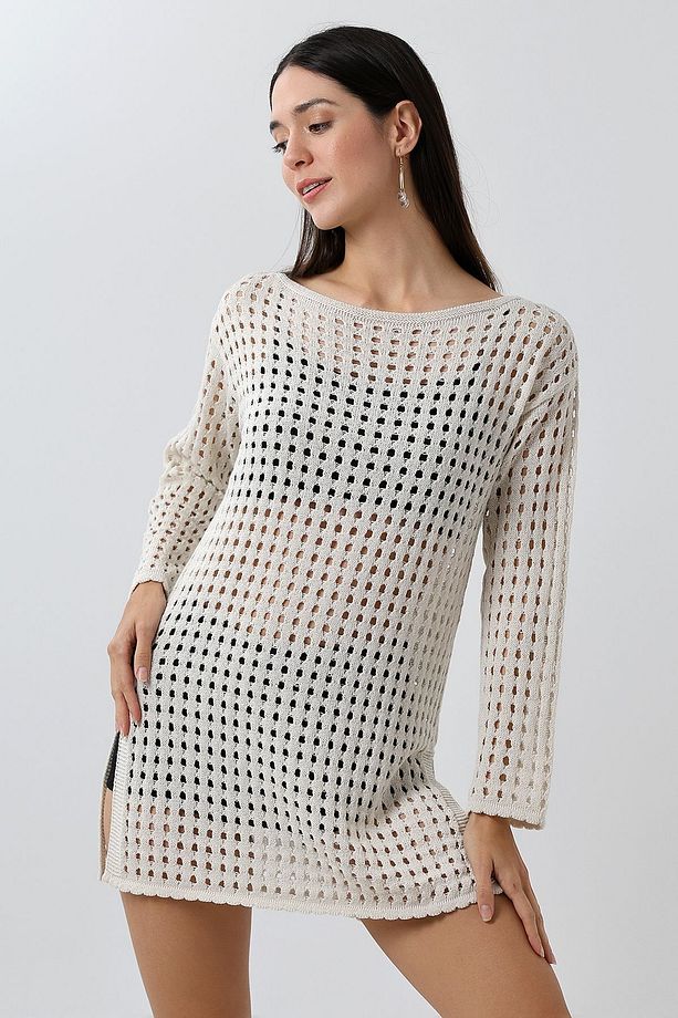 Kadın Bej Oversize Ajurlu Yazlık Elbise - 6
