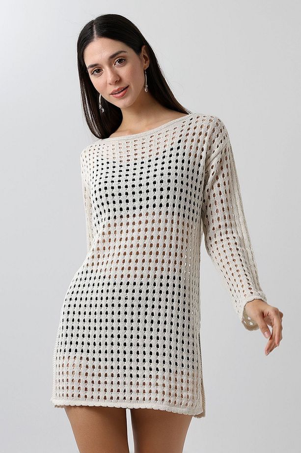Kadın Bej Oversize Ajurlu Yazlık Elbise - 3