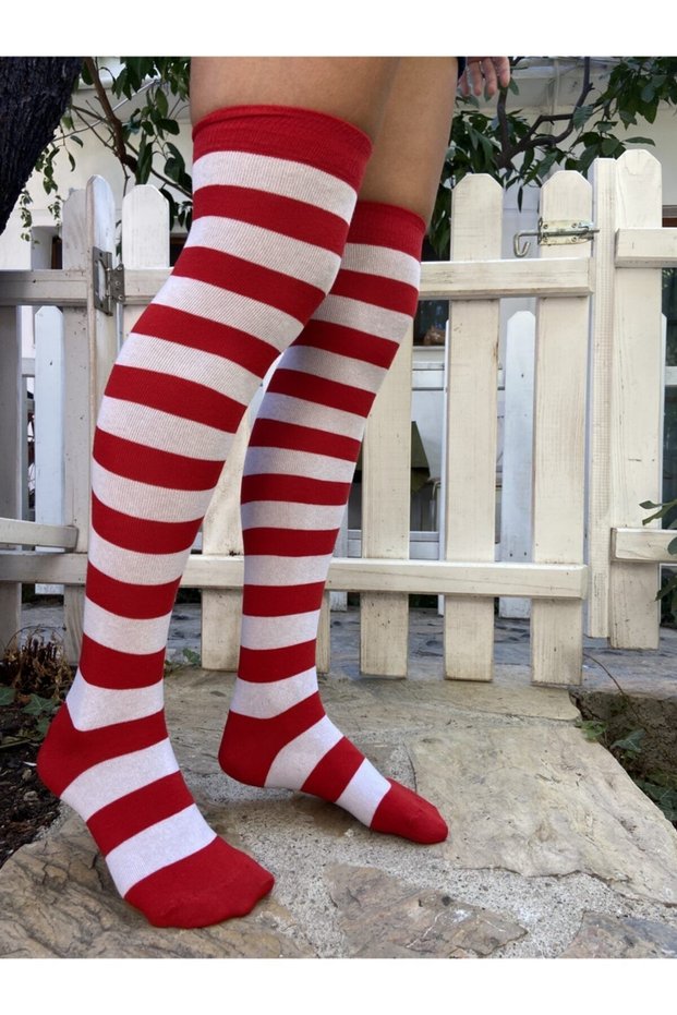 Women's Red White Striped Cotton Over The Knee Sports Socks