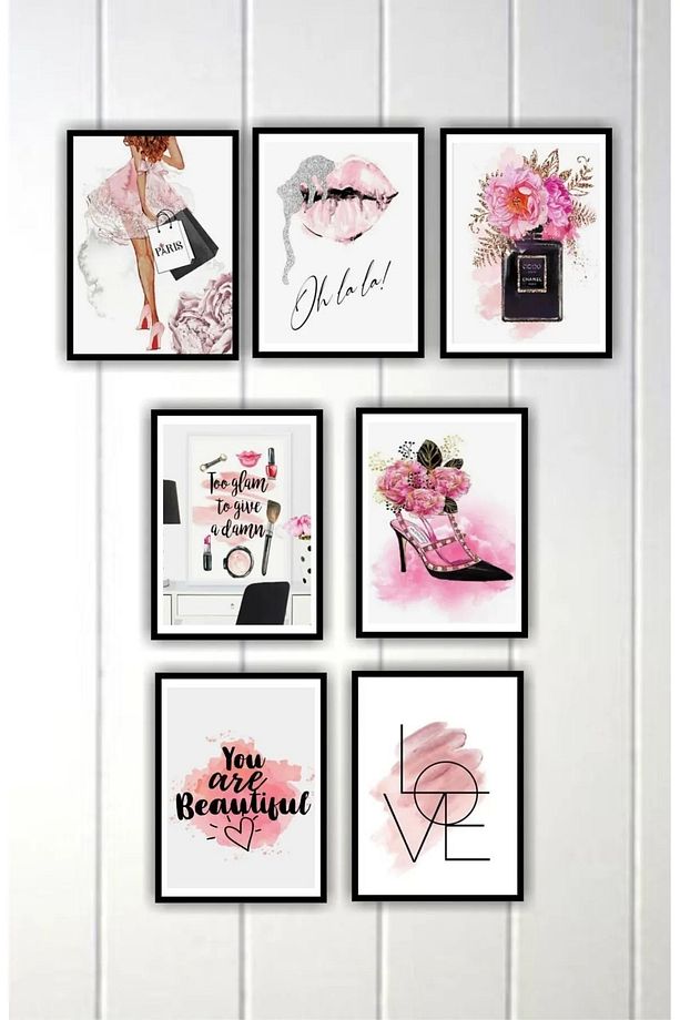 7 Parça Ev Dekorasyon Pembe Çerçeve Görünümlü Arkası Yapışkanlı Çoklu Mdf Tablo Set - 1