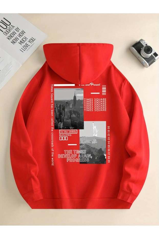 Unisex City and Mountain Printed Oversized Winter 3 Thread 100% Cotton K Hooded Sweatshirt Hoodie