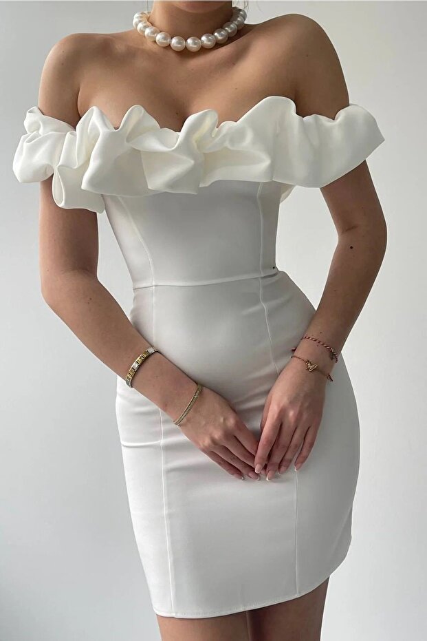 Women's White Atlas Fabric Ruffled-Collar Design Mini Dress 223