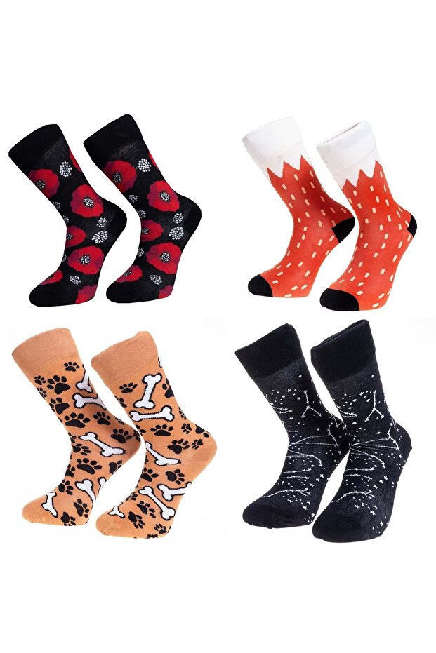 Happy & Colorful Patterned Unisex Socks Set of 4 with Flower, Paw, Bone and Star Pattern - 1