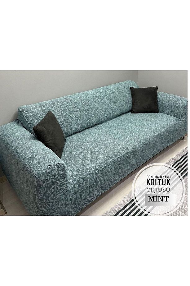 Düz Jakarlı 3 Kişilik Mint Kanepe Örtüsü | Lastikli Koltuk Örtüsü |çekyat Örtüsü| koltuk kılıfı - 1