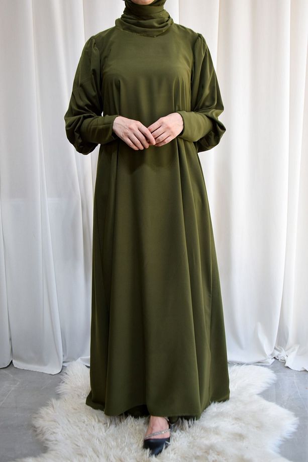Model Mihriban Medine İpeği Kol Detaylı Tesettür Elbise (Şal Dahil) - Yeşil - MİHRİBAN01004Ş - 1