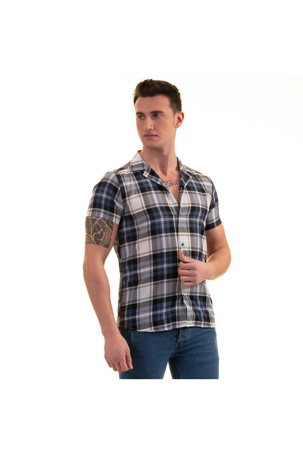 Navy Blue Gray White Plaid Cotton Breathable Slim Fit Men's Shirt