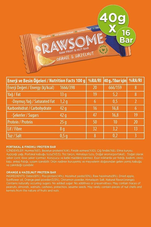 Portakal Ve Fındıklı Glutensiz Ve Vegan Yüksek Proteinli Bar 40g X 16 Adet - 4