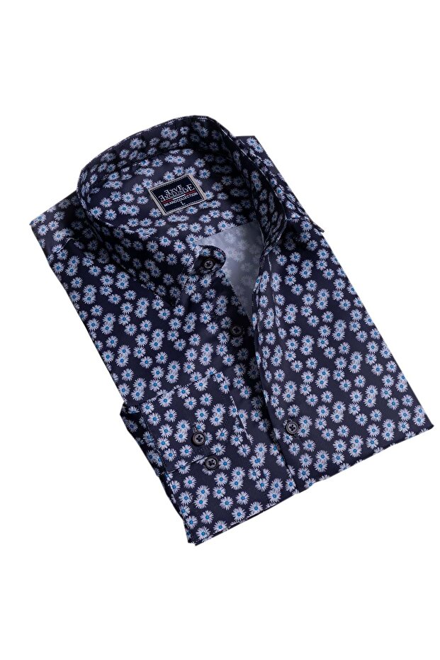 Navy Blue White Daisy Pattern Pes Polyester Printed Shirt