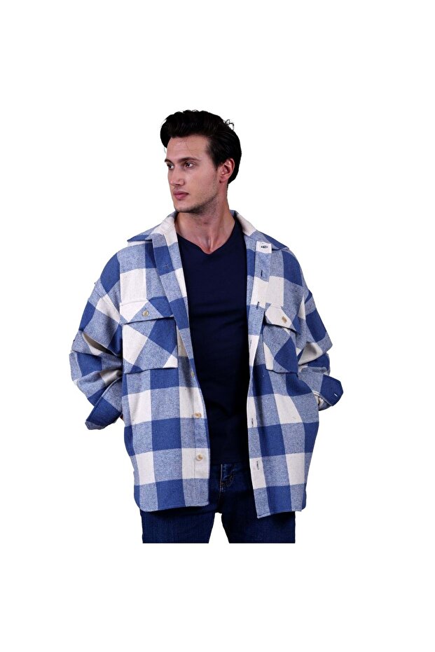 Sky Blue Beige Plaid Check Oversize Winter 4 Pocket Casual Lumberjack Plus Size Shirt