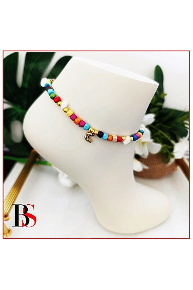 Crescent Women's Anklet - Colorful Bamboo Bead and Pearl Stone