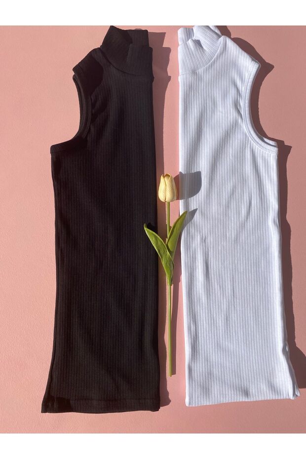 Camisole Cotton Lycra Fabric Turtleneck Zero Sleeve 2-Piece Black and White Women's Body - Undershirt