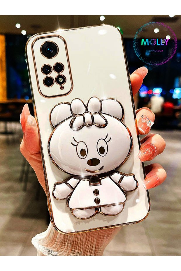 Luxury Silicone Case for Xiaomi Redmi Note 11 Pro with Pearl White Minnie Stand and Gold Detail on the Sides