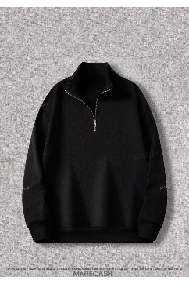 Unisex Winter Sweatshirt with Fleece - Stand Collar, Half Zipper, 2 Thread