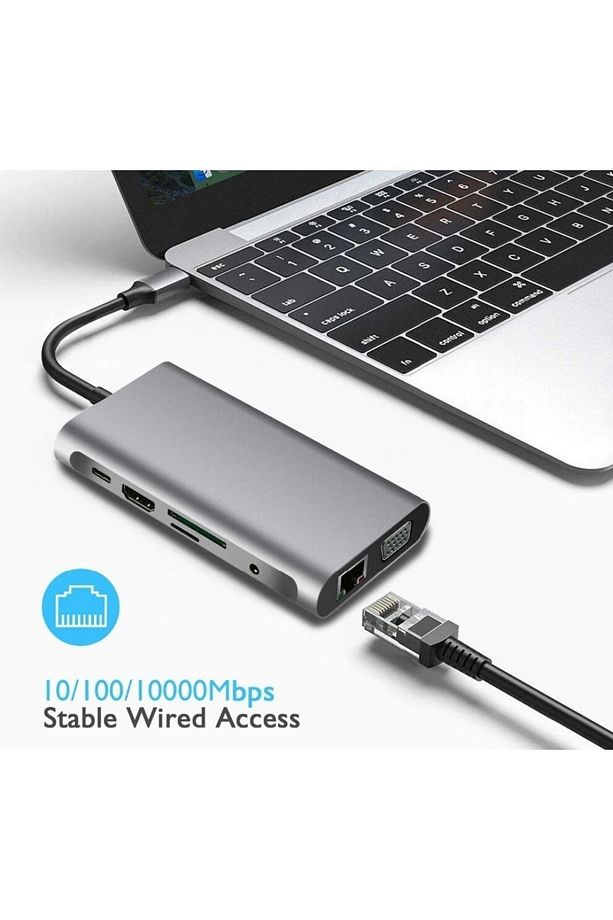 10 In 1 Type-c To Vga Hdmı Usb C Ethernet Aux Kart Okuyucu Macbook Uyumlu Usb Hub Adaptör - 2