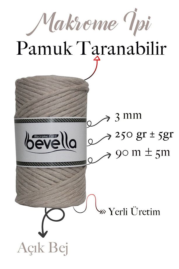Taranan Makrome Ipi 3mm Tek Büküm Taranabilir Pamuk Makrome Ipi Açık Bej - 2