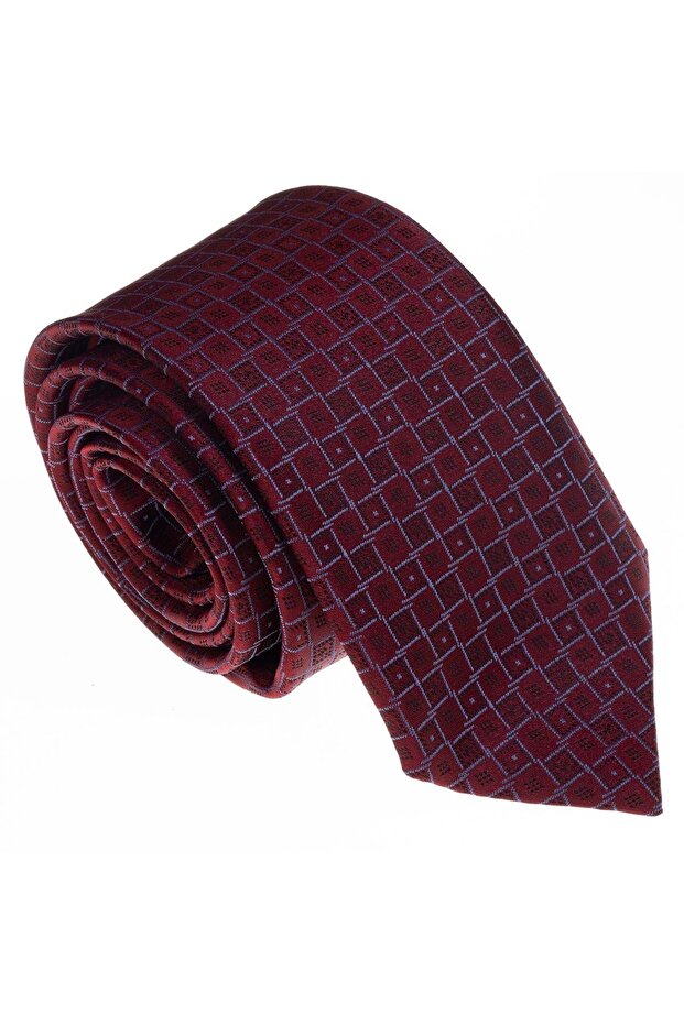 Burgundy Blue Square Pattern Handcrafted Italian Tie
